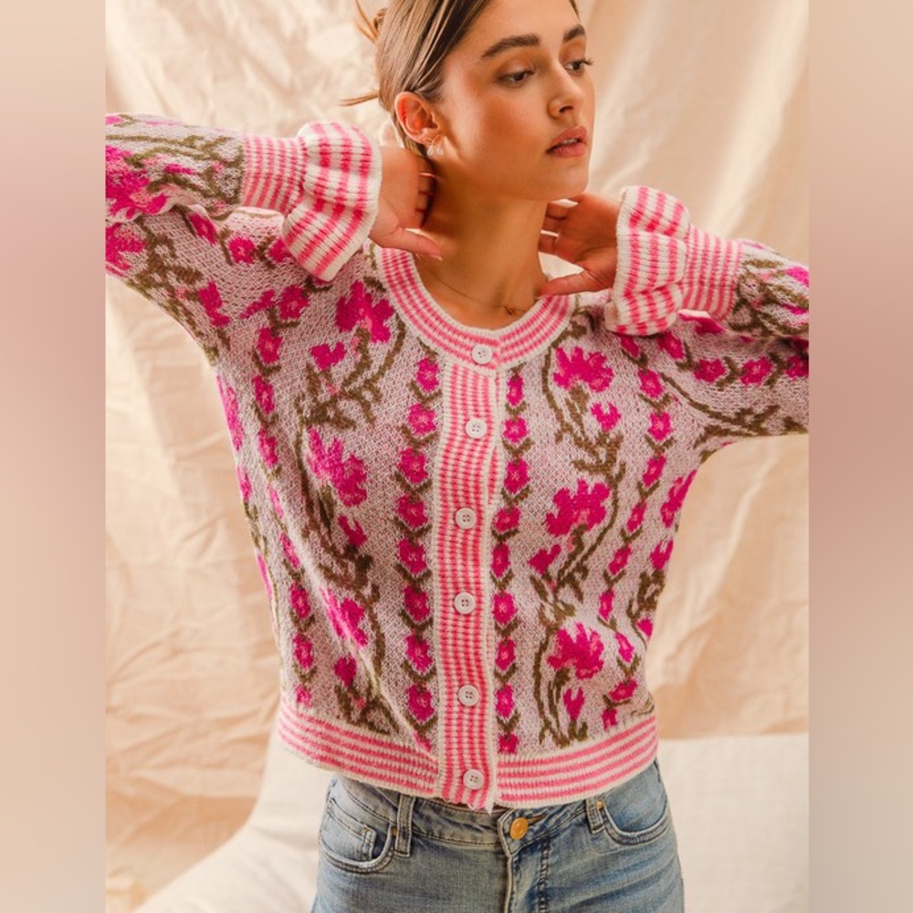 Pink Floral Intarsia Button Up Sweater Cardigan - Picture 12 of 16